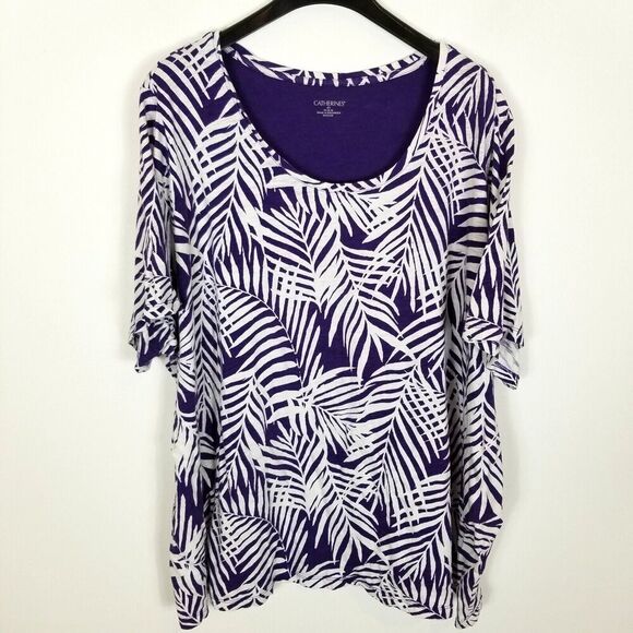 Catherines Women Plus Floral Blouse Top Size 4X Purple White Cotton - Picture 1 of 6